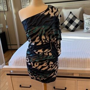 One-Shoulder drape cinched print dress ( see description )